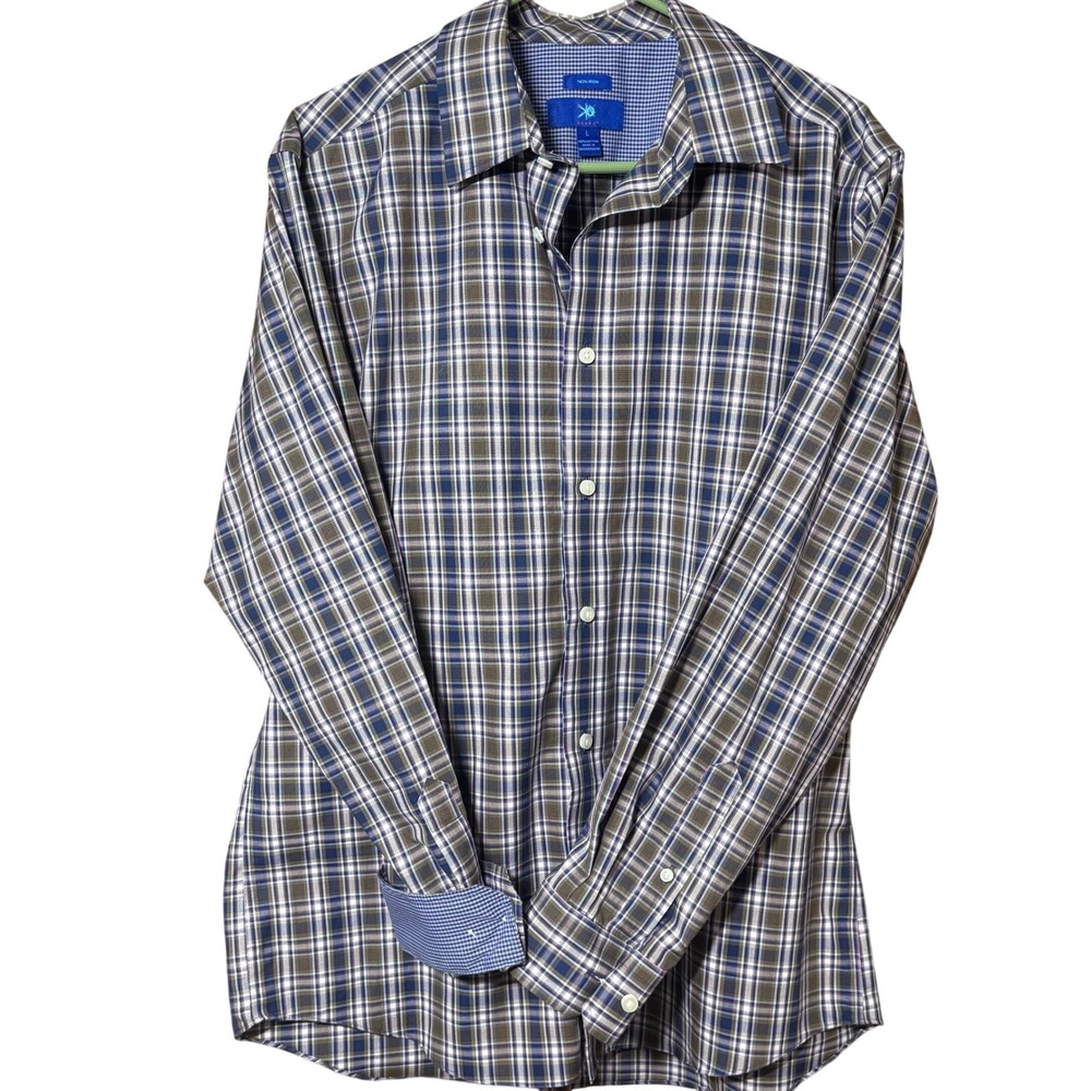 Egara Button Down Shirt Mens Large Blue Brown‎ Excellent Non-Iron Plaid Cotton
